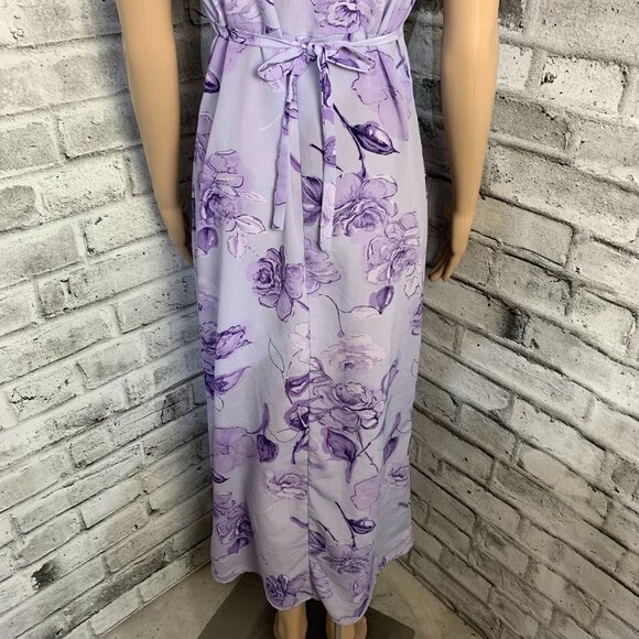 Vintage 90s Purple Floral Midi Dress Empire Waist Short Sleeve Tie Back - Picture 8 of 16